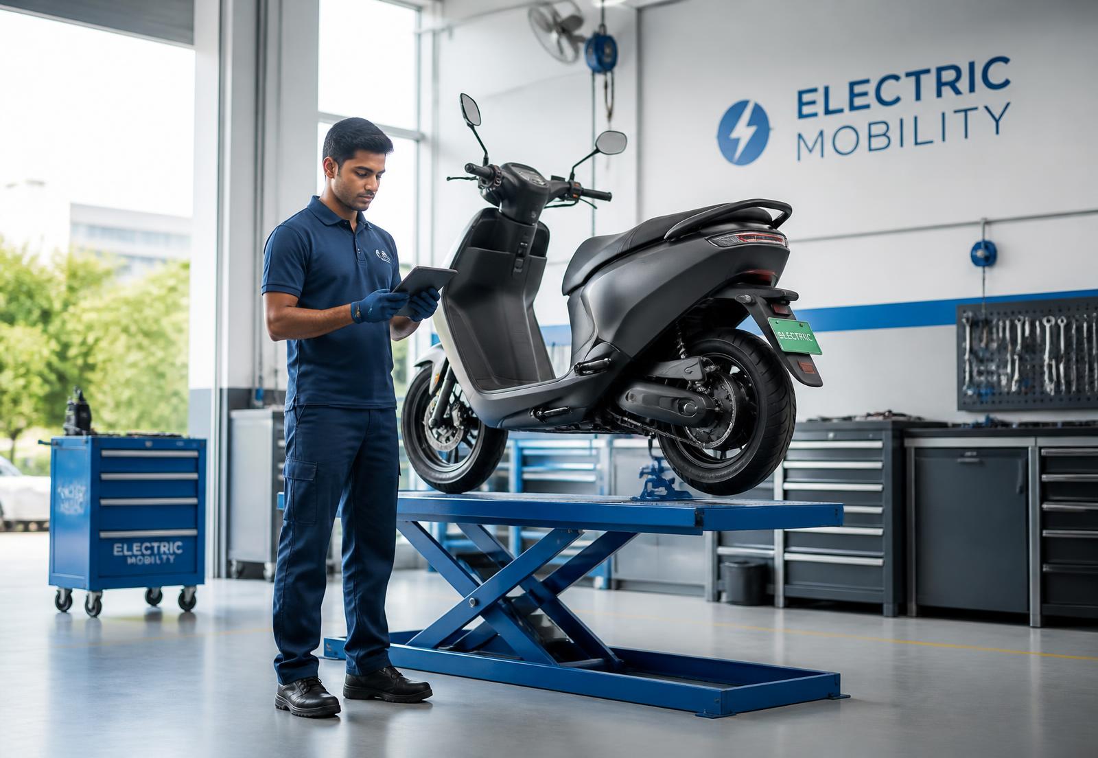 EV technician running diagnostics on an electric scooter at a Gauaa Enterprises style EV workshop